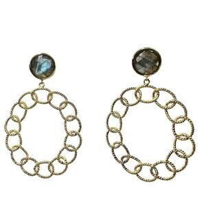 Gold Plated Chainlink Circle Earrings Faceted Iridescent Stone Stud Dangle